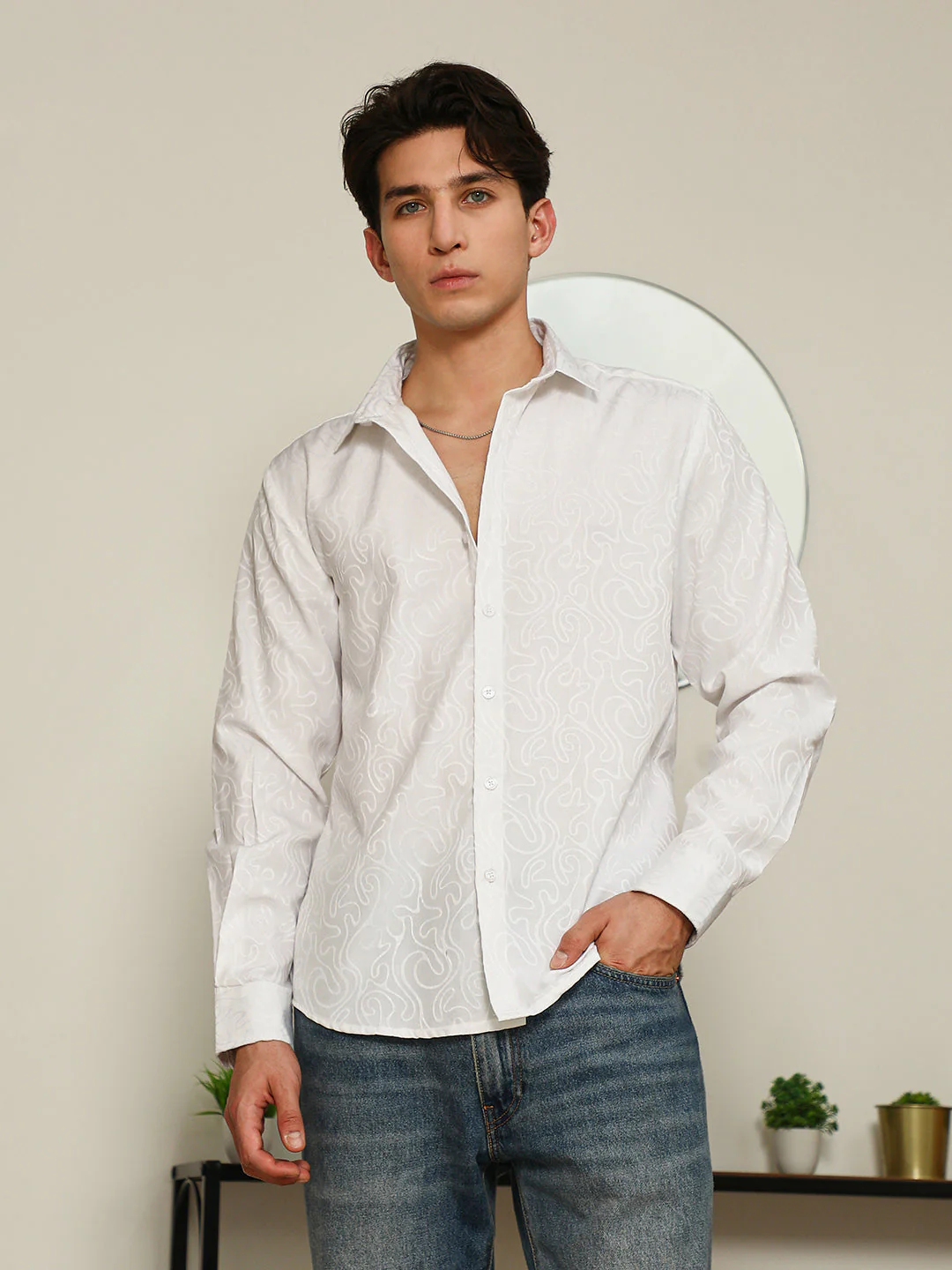 White Paisley Self-Design Slim Fit Shirt For Men - Image 2