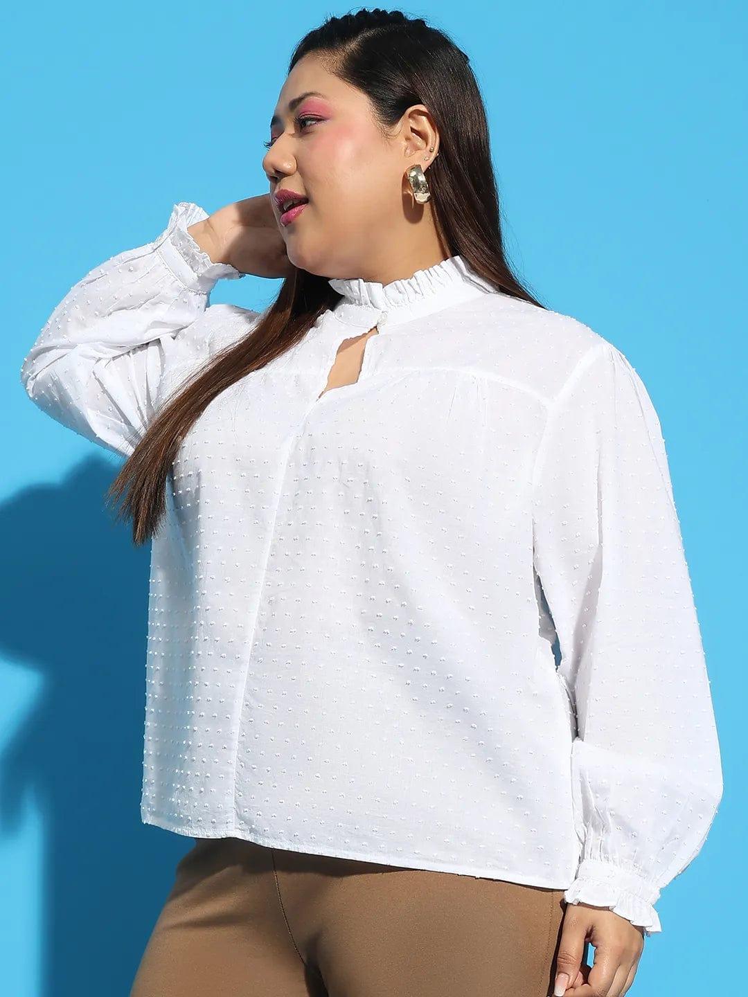 White Round Neck With Button & Keyhole Dobby Meld Plus Size  Cotton Loopy Top - Image 3