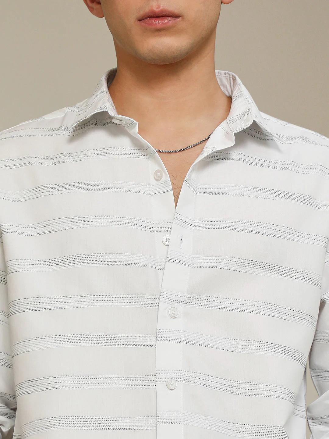 White Textured Stripe Slim Fit Shirt - Image 7