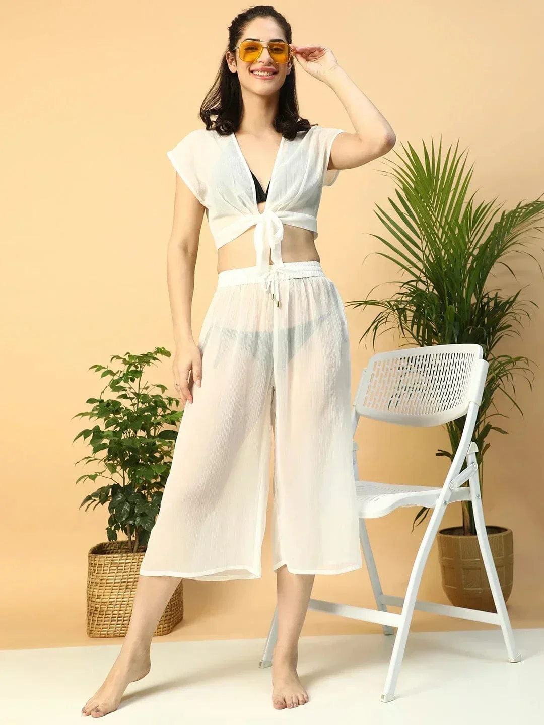 White Tie-Knot Top With Elasticated Culottes Women Beachwear Co-Ord Set - Image 7