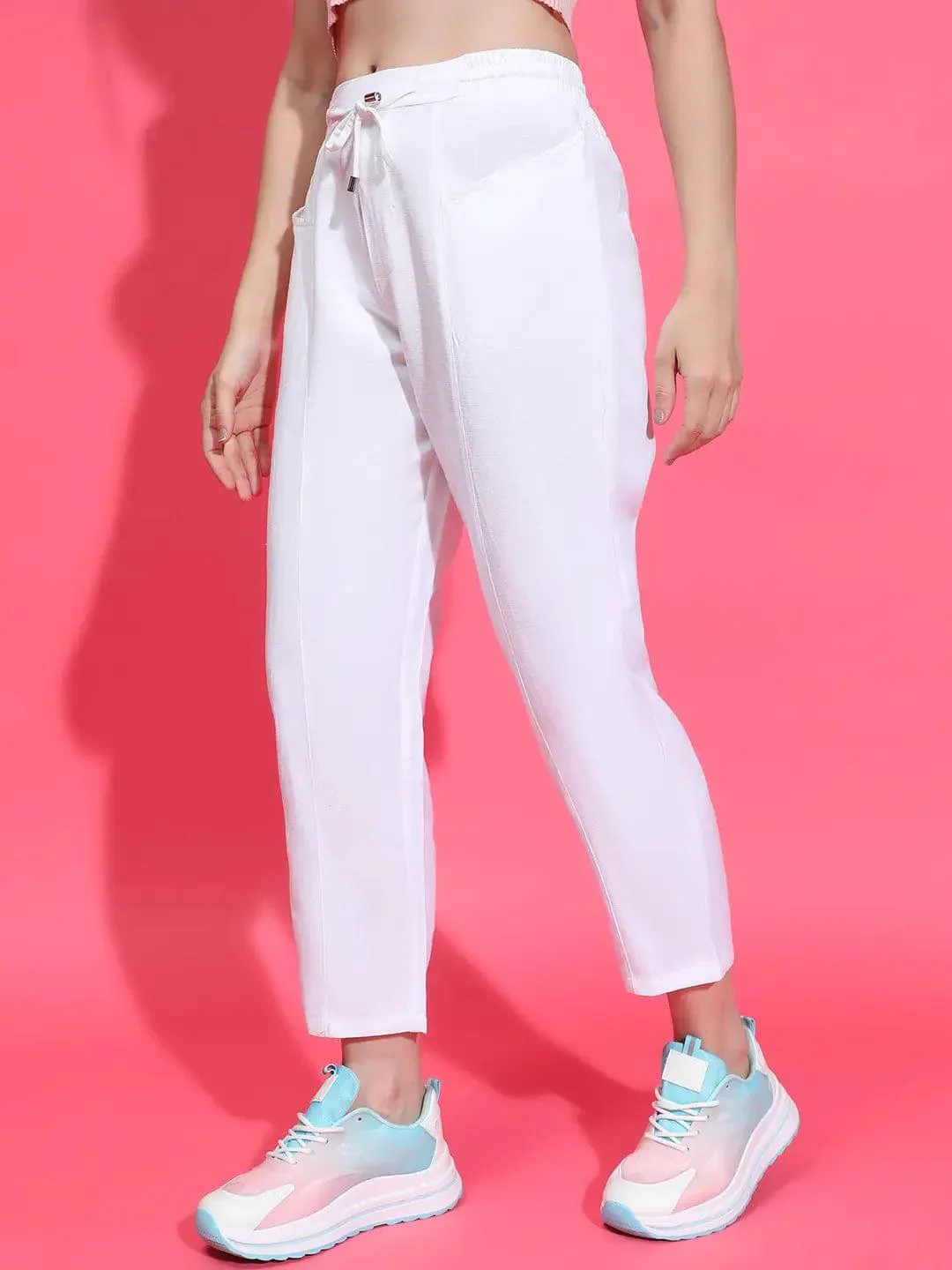 Whizzy White Elasticated Waist With Tie-Knot Detail Cotton Women Trouser - Image 3
