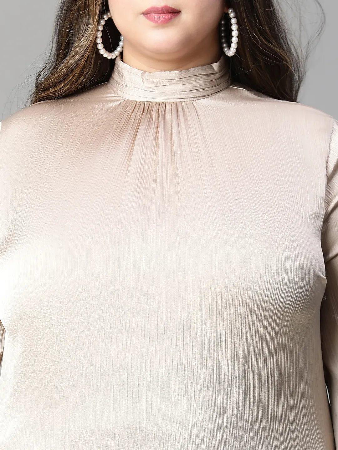 Whole Beige Long Sleeve Plus Size Women Satin Loopy Top - Image 6