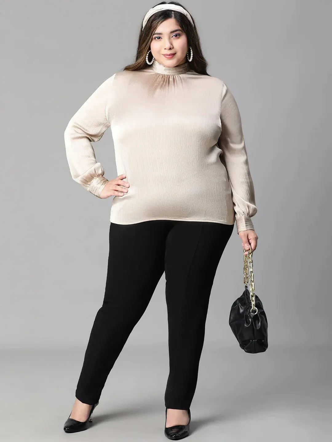 Whole Beige Long Sleeve Plus Size Women Satin Loopy Top - Image 8