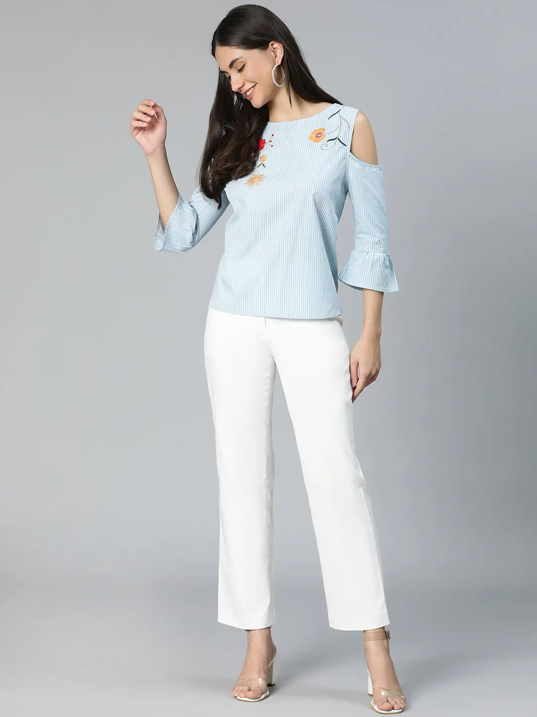 Windy Blue Stripe & Embroidered Cold Shoulder Women Top - Image 2