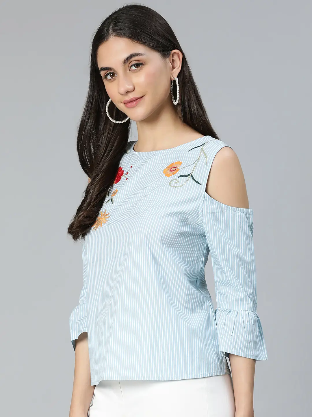 Windy Blue Stripe & Embroidered Cold Shoulder Women Top - Image 3