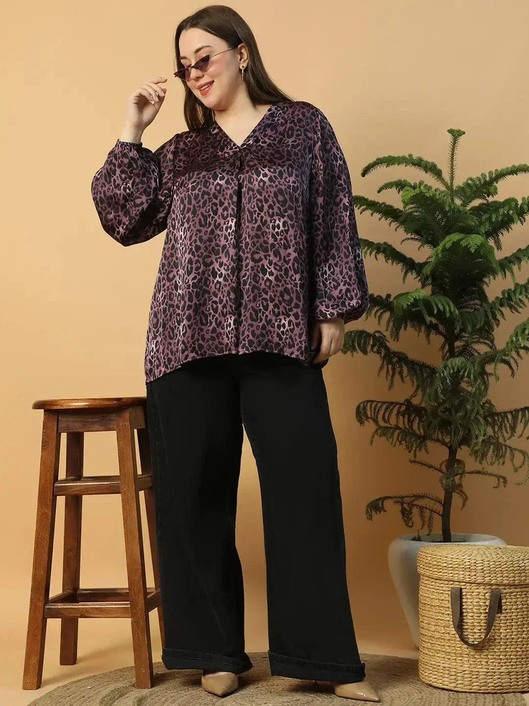 Wine Animal Print V- Neck Long Sleeve Plus Size Women Satin Top - Image 7