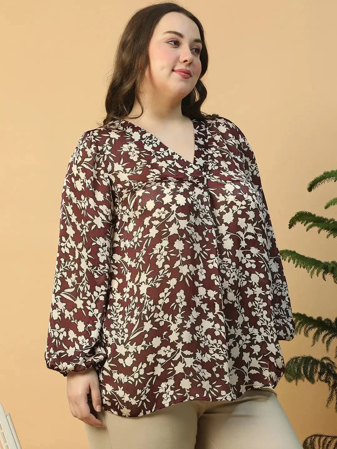 Wine Floral Print V- Neck Long Sleeve Women Plus Size Satin Top - Image 4