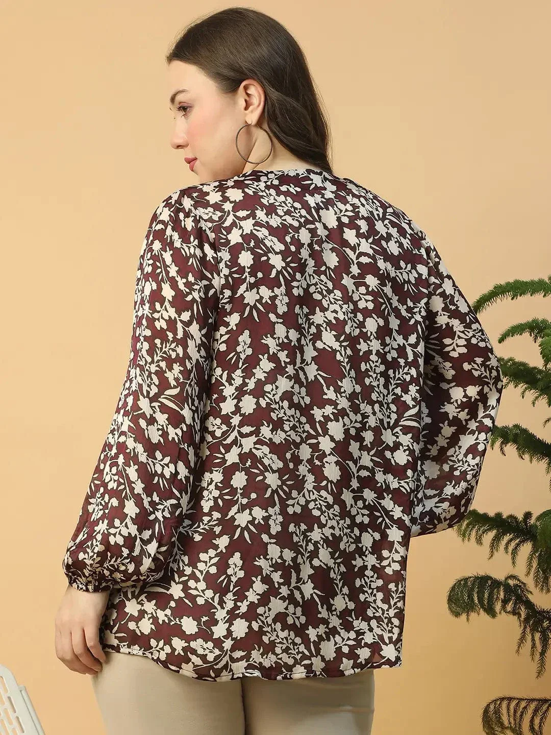 Wine Floral Print V- Neck Long Sleeve Women Plus Size Satin Top - Image 5