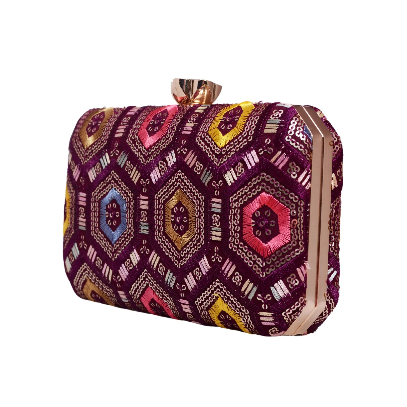 Wine Rectangle Sequins Embroidered Clutch - Image 2
