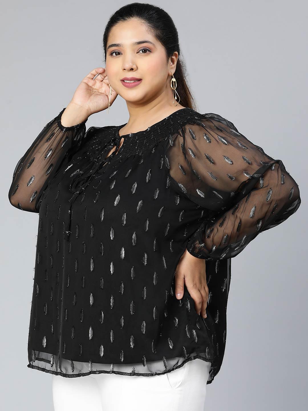 Winky Black Lurex Print Plus Size Party Wear Loopy Top - Image 3