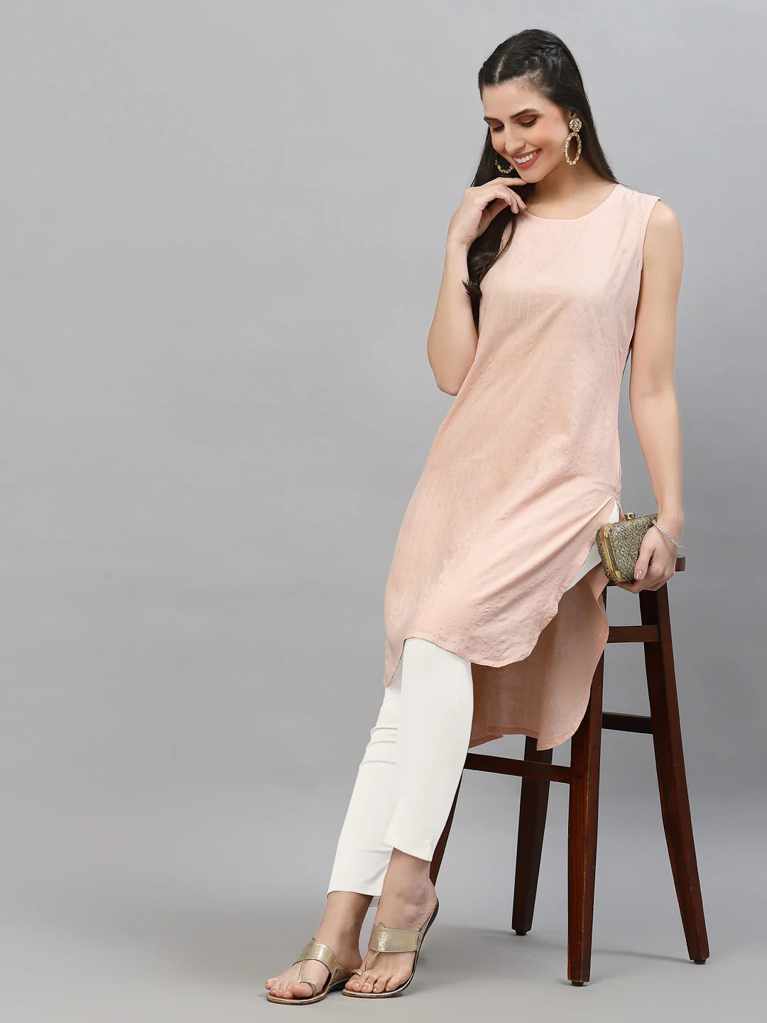 Women Baby Pink Checkered High Low Sleeveless Kurta