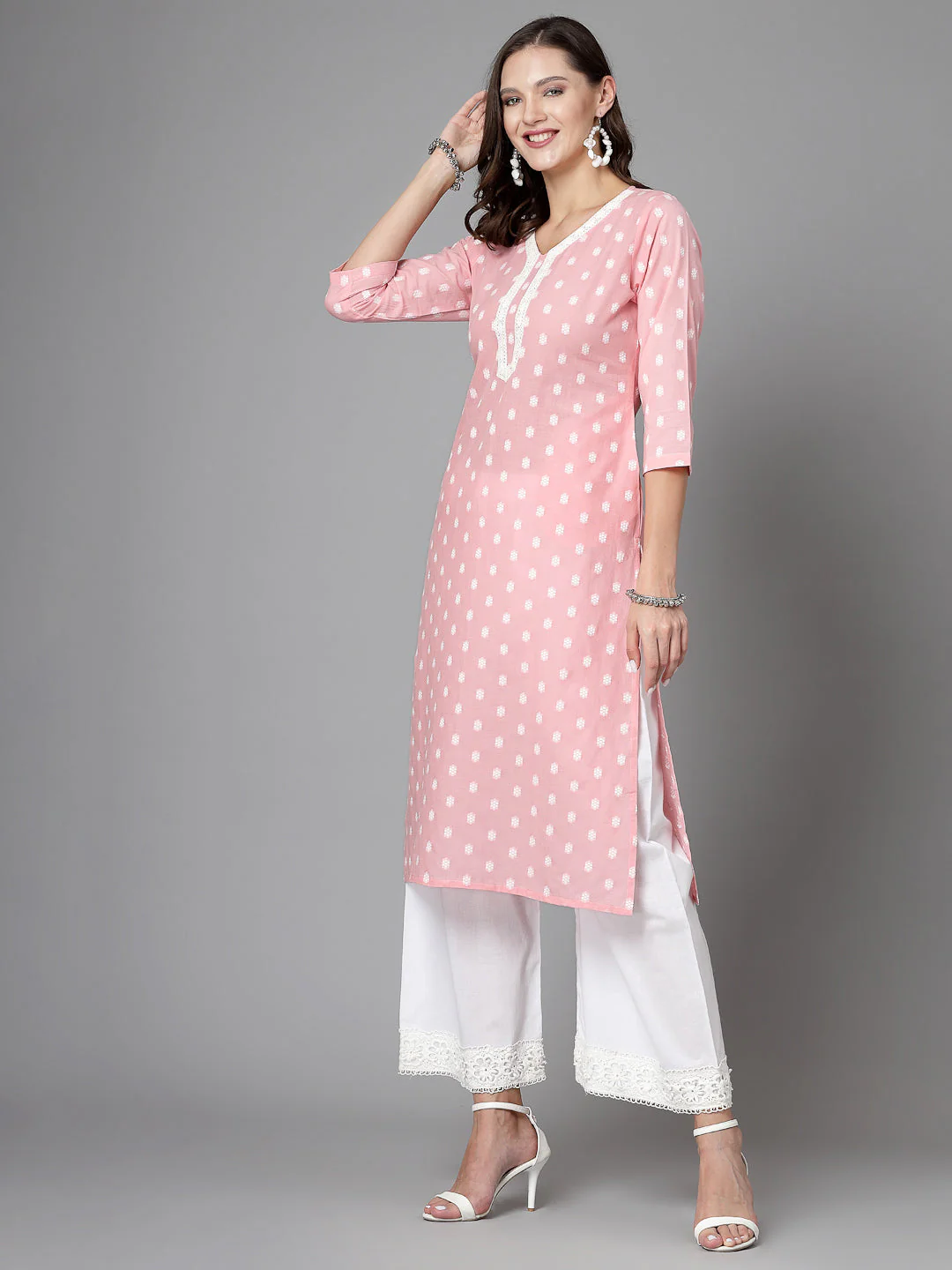 Women Baby Pink Cotton Dobby Kurta With Lace - Image 3