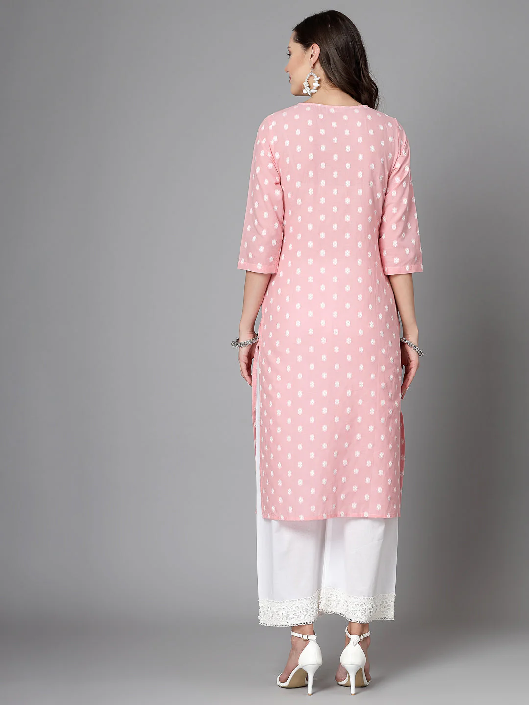 Women Baby Pink Cotton Dobby Kurta With Lace - Image 4