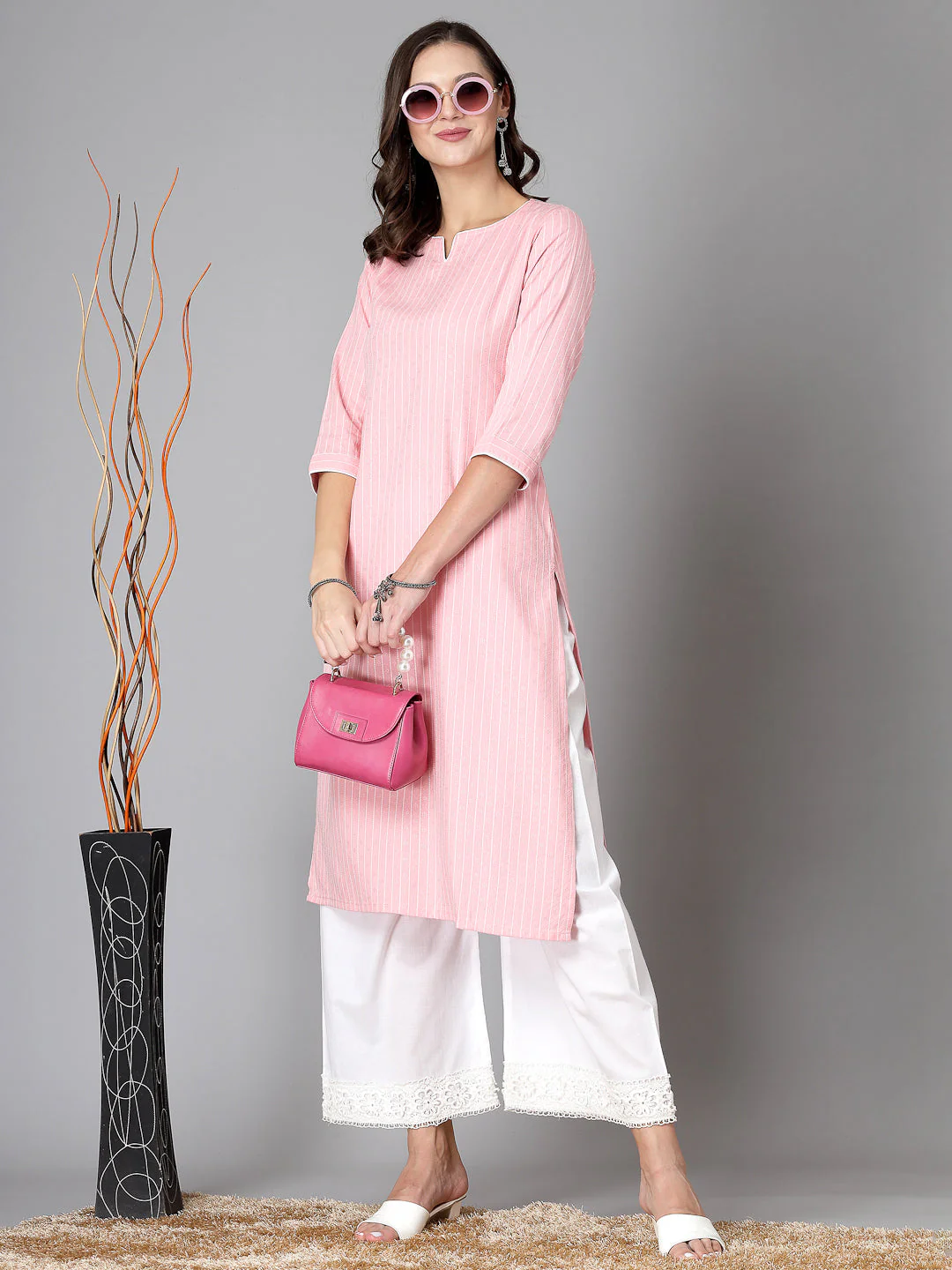 Women Baby Pink Striped Yarn-Dyed Kurta