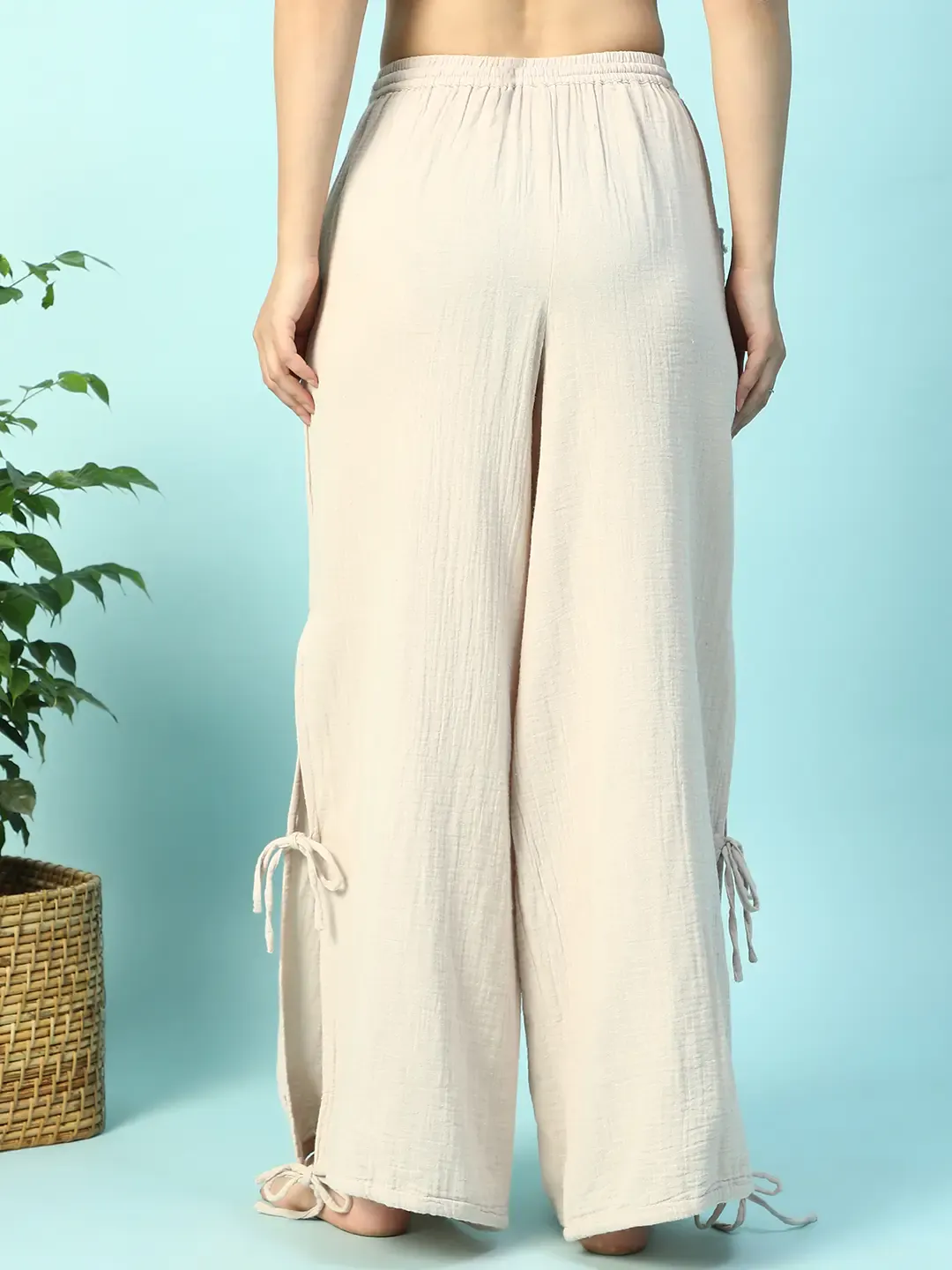Women Beige Cotton Elastic Waist with Tie-Up Beachwear Pant - Image 6