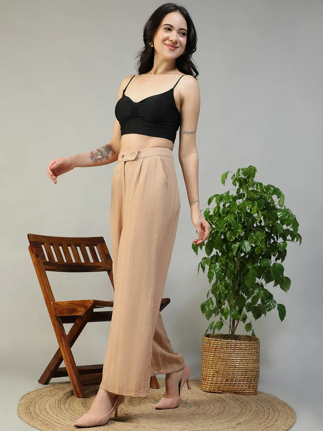 Women Beige Straight Pants with Zip & Button Closure - Image 2