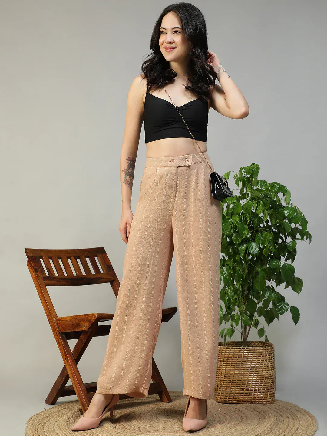 Women Beige Straight Pants with Zip & Button Closure - Image 8