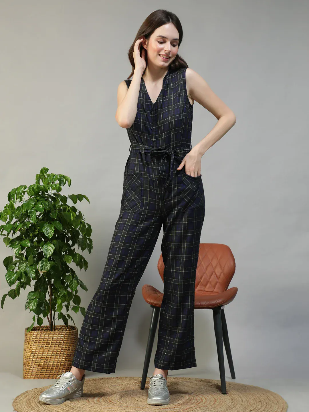 Women Black Check Print Jumpsuit with Belt & Pockets - Image 2