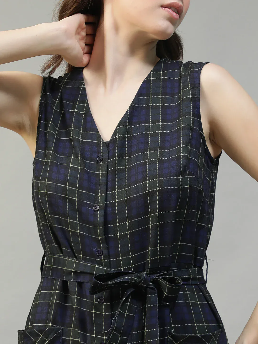 Women Black Check Print Jumpsuit with Belt & Pockets - Image 6