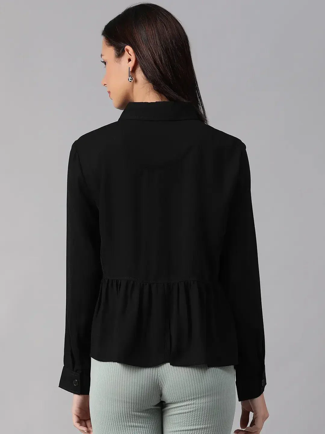 Women Black Collared Long Sleeve Floral Embellished Buttoned Cotton Bomber Jacket - Image 5