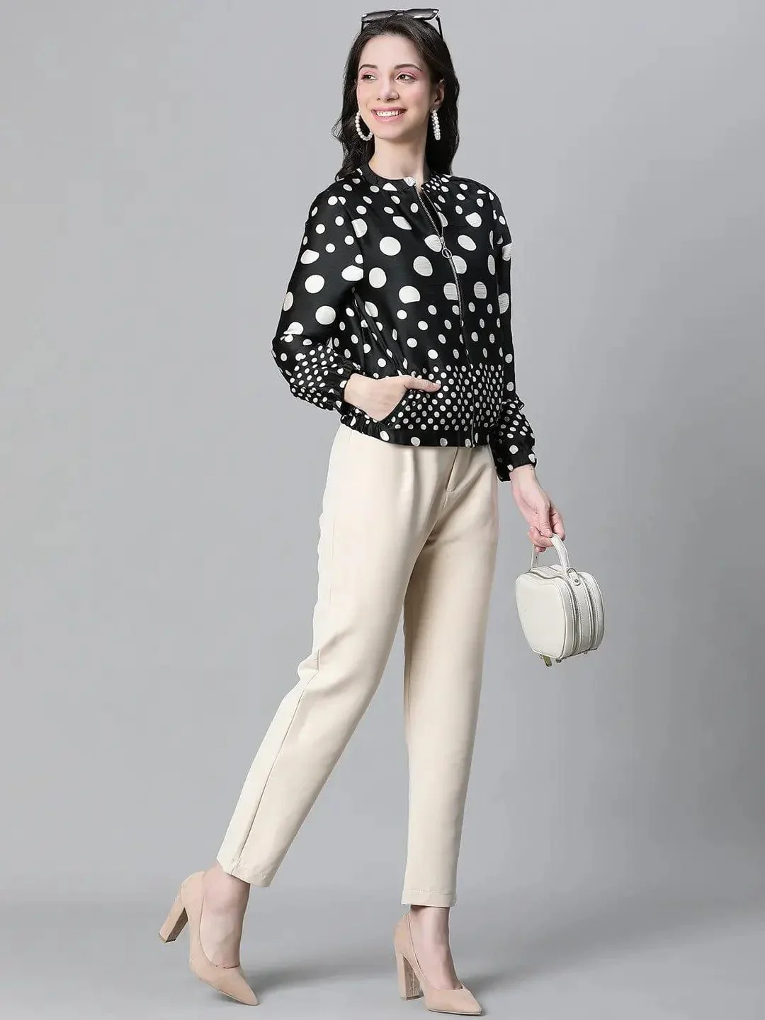 Women Black Dot Print Round Neck Zip Lined Long Sleeve Bomber Jacket - Image 8