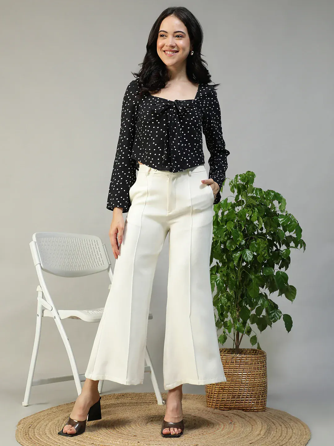 Women Black Dot Print Sweetheart Neck Long Sleeve Cotton Linen Top - Image 4