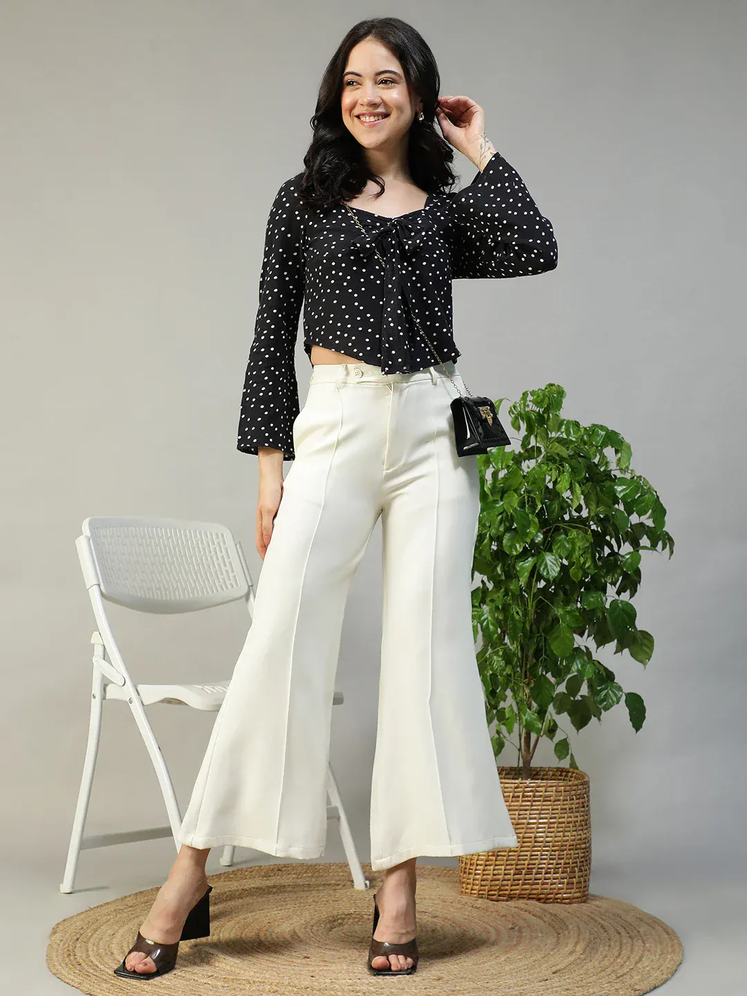 Women Black Dot Print Sweetheart Neck Long Sleeve Cotton Linen Top - Image 7
