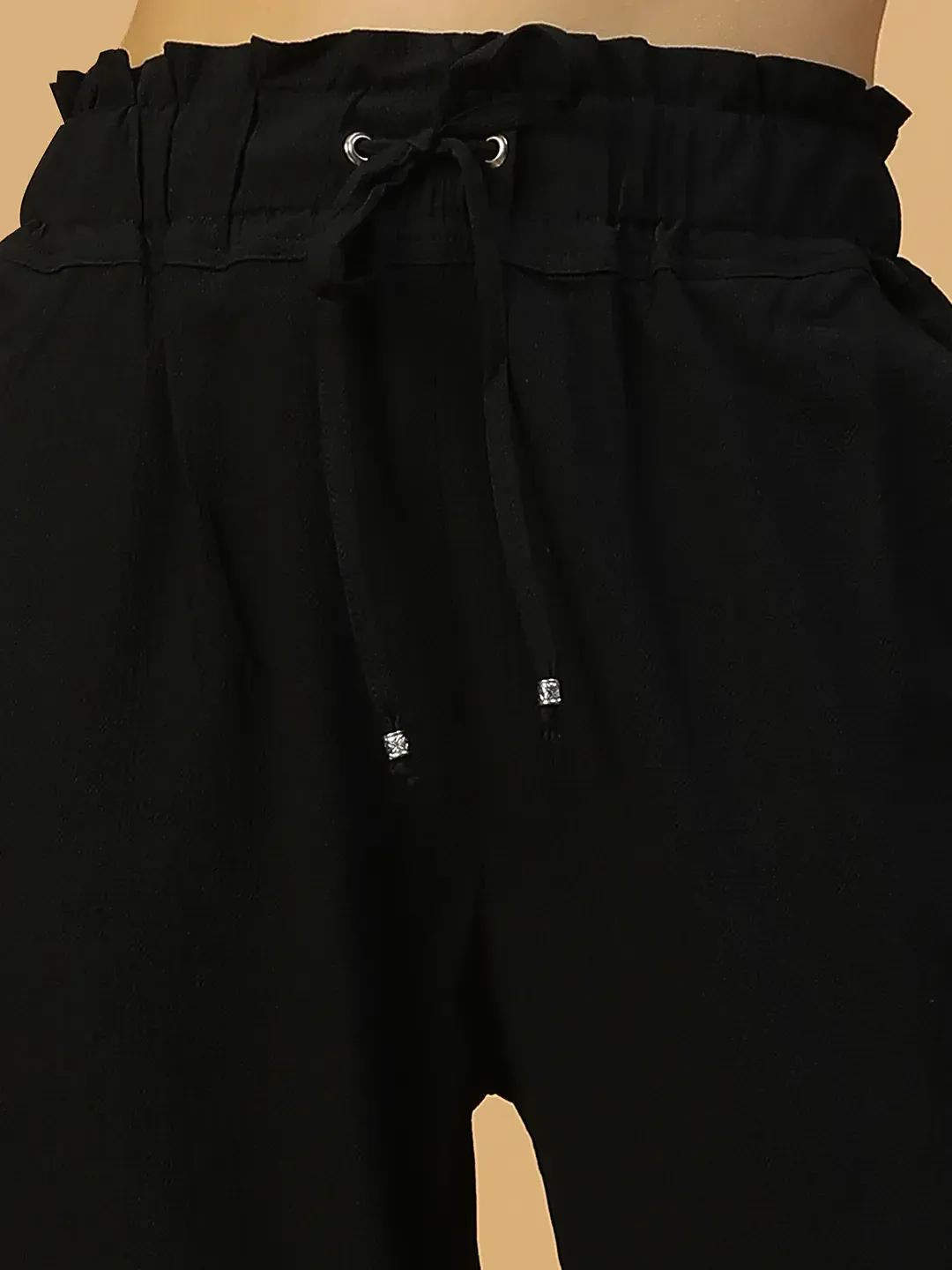 Women Black Elasticated with Tie-Up Polyester Straight Pants - Image 2