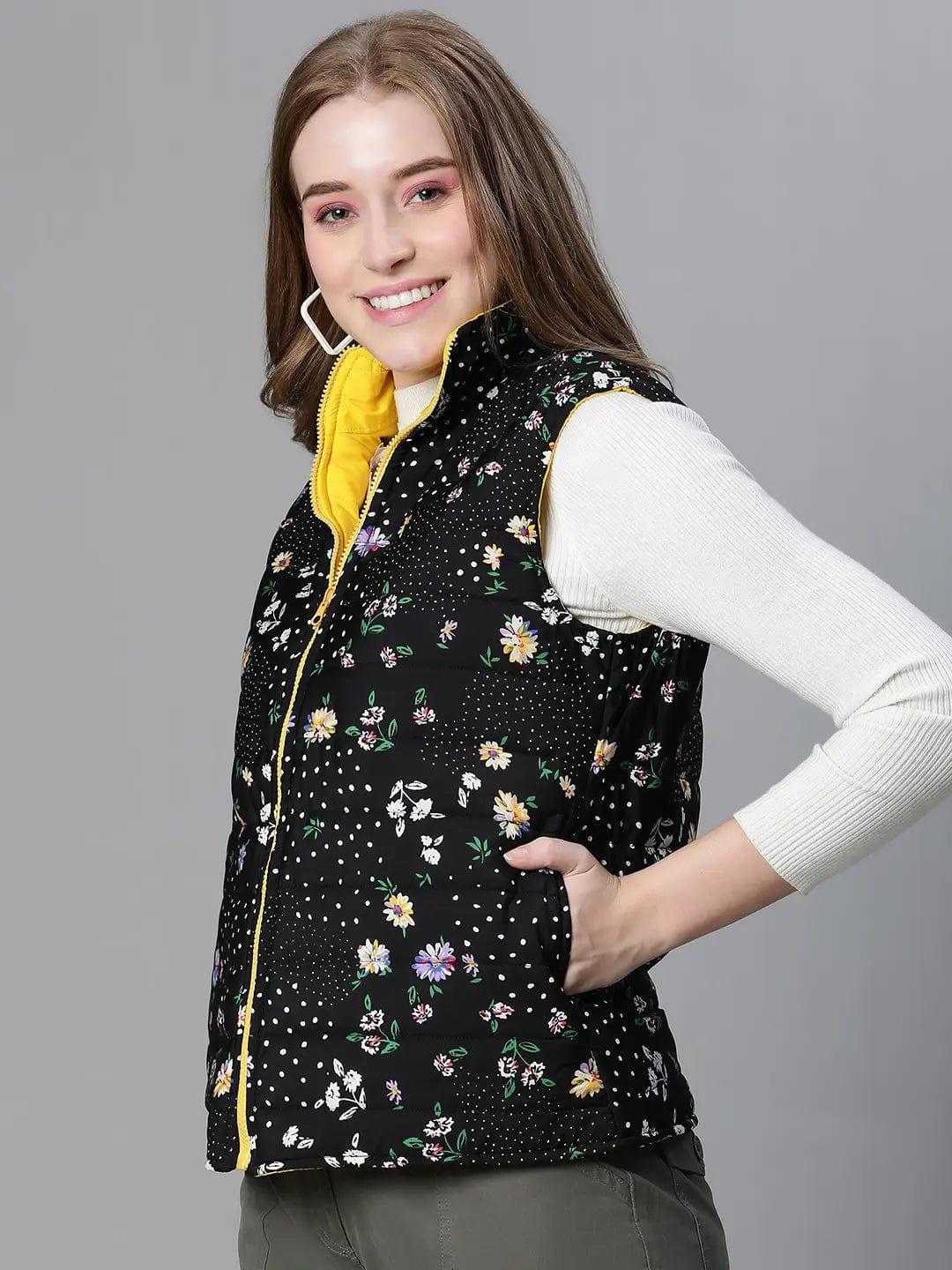 Women Black Floral Print Zip Lined Sleevless Reversible Jacket - Image 3