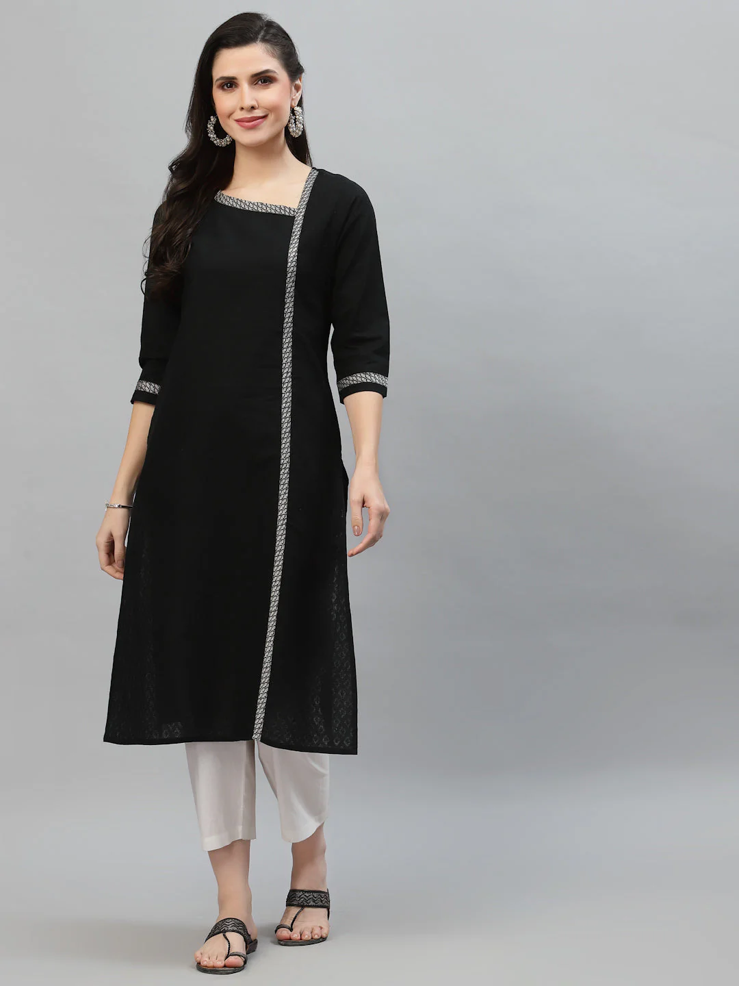 Women Black Self Dobby Calf Length Kurta - Image 4