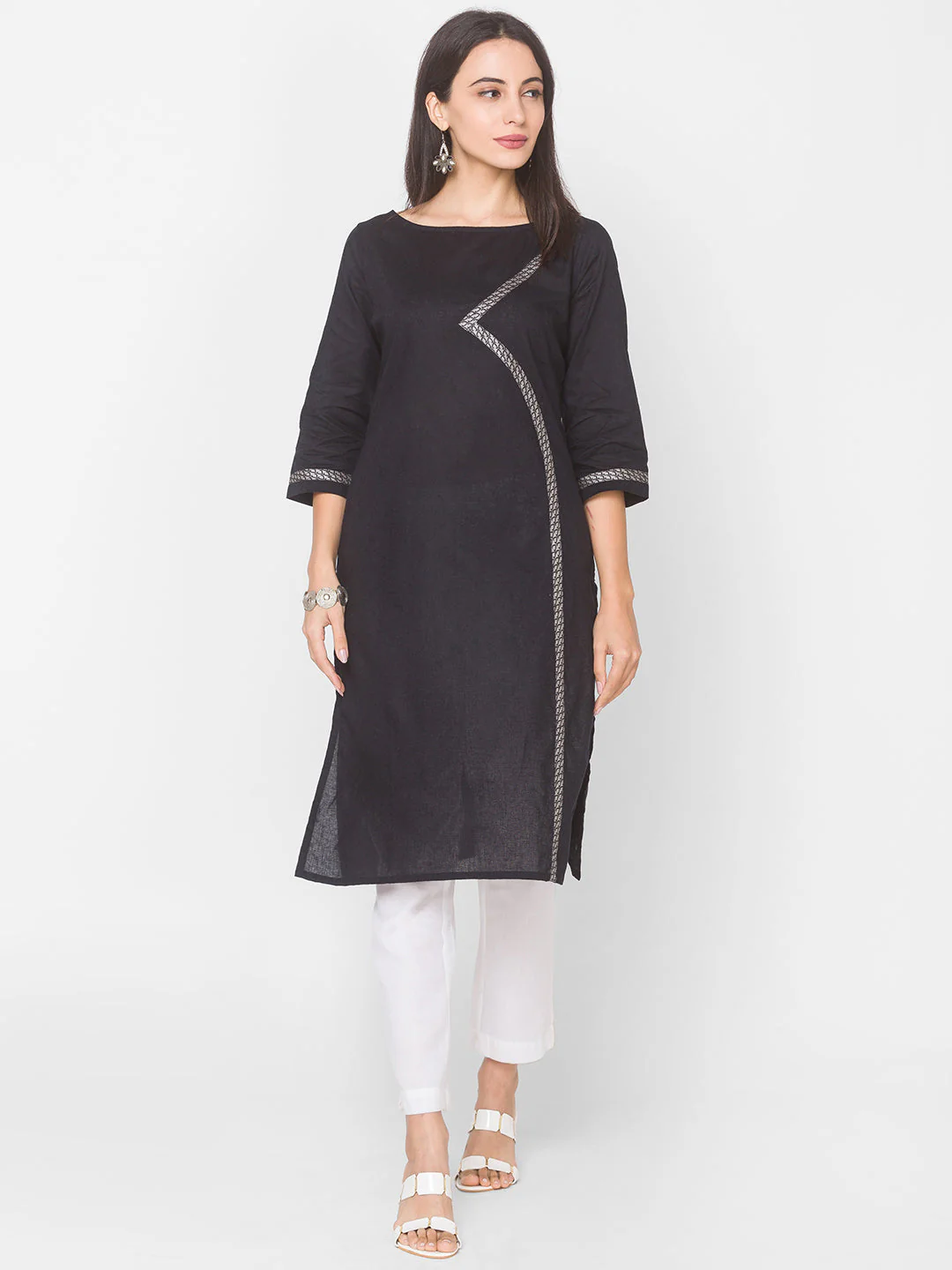 Women Black Self Dobby Cotton Kurta