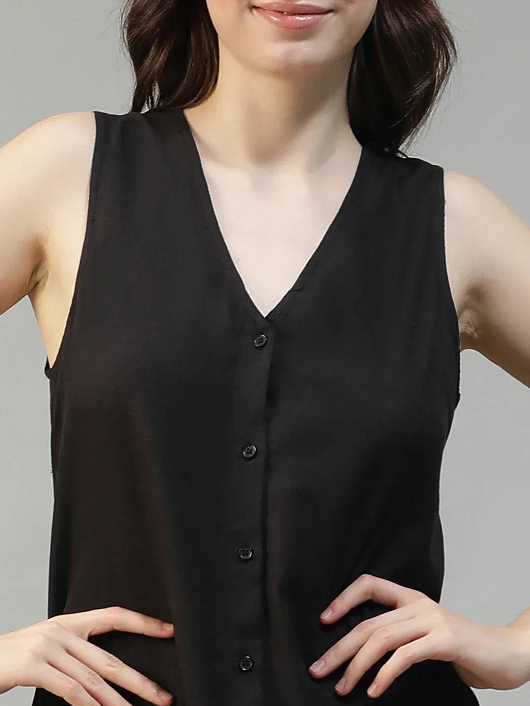 Women Black Sleeveless Button Down Knee-Length Dress - Image 2