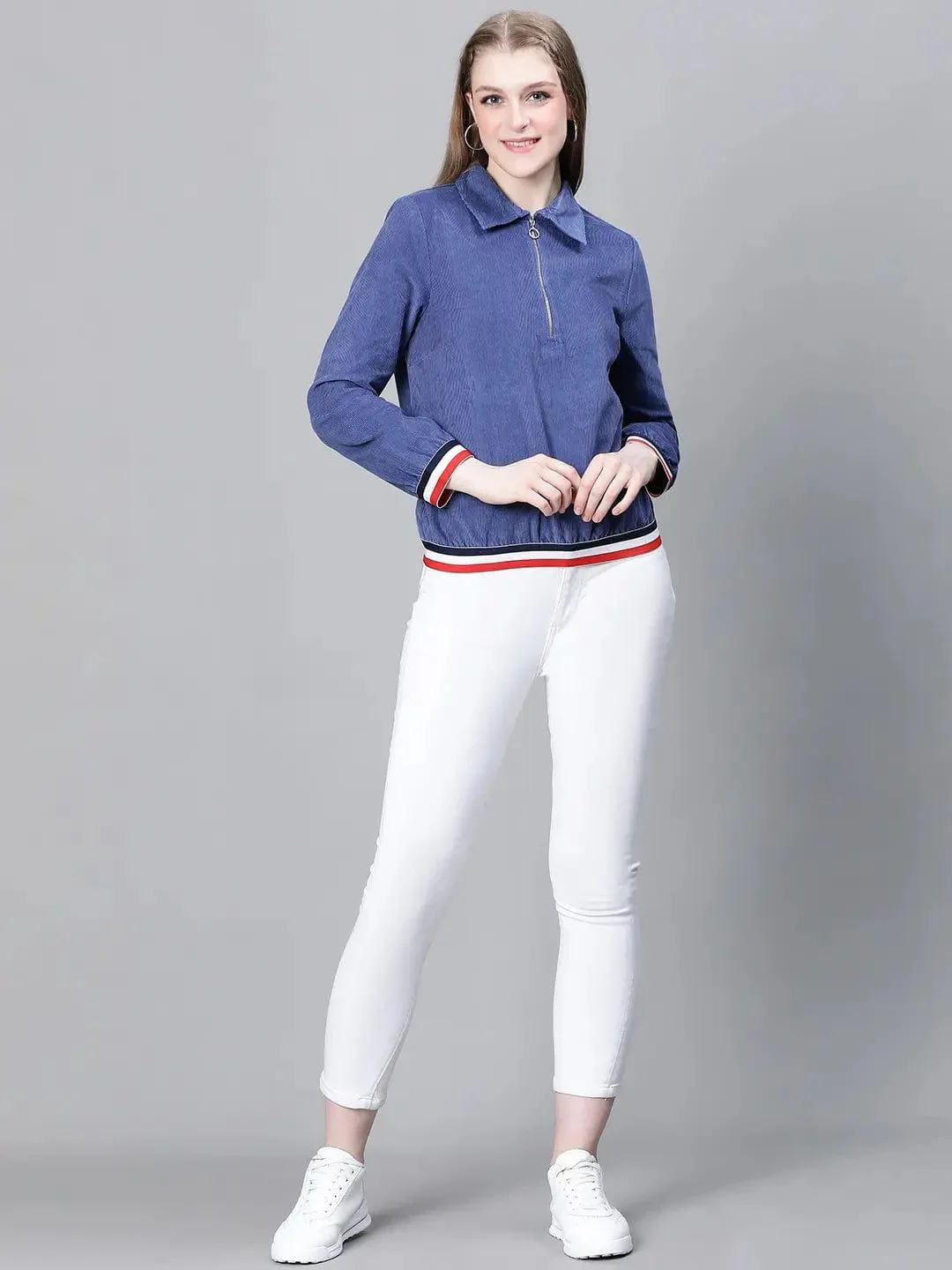 Women Blue Collared Zipped Long Sleeve Cotton Bomber Jacket - Image 2