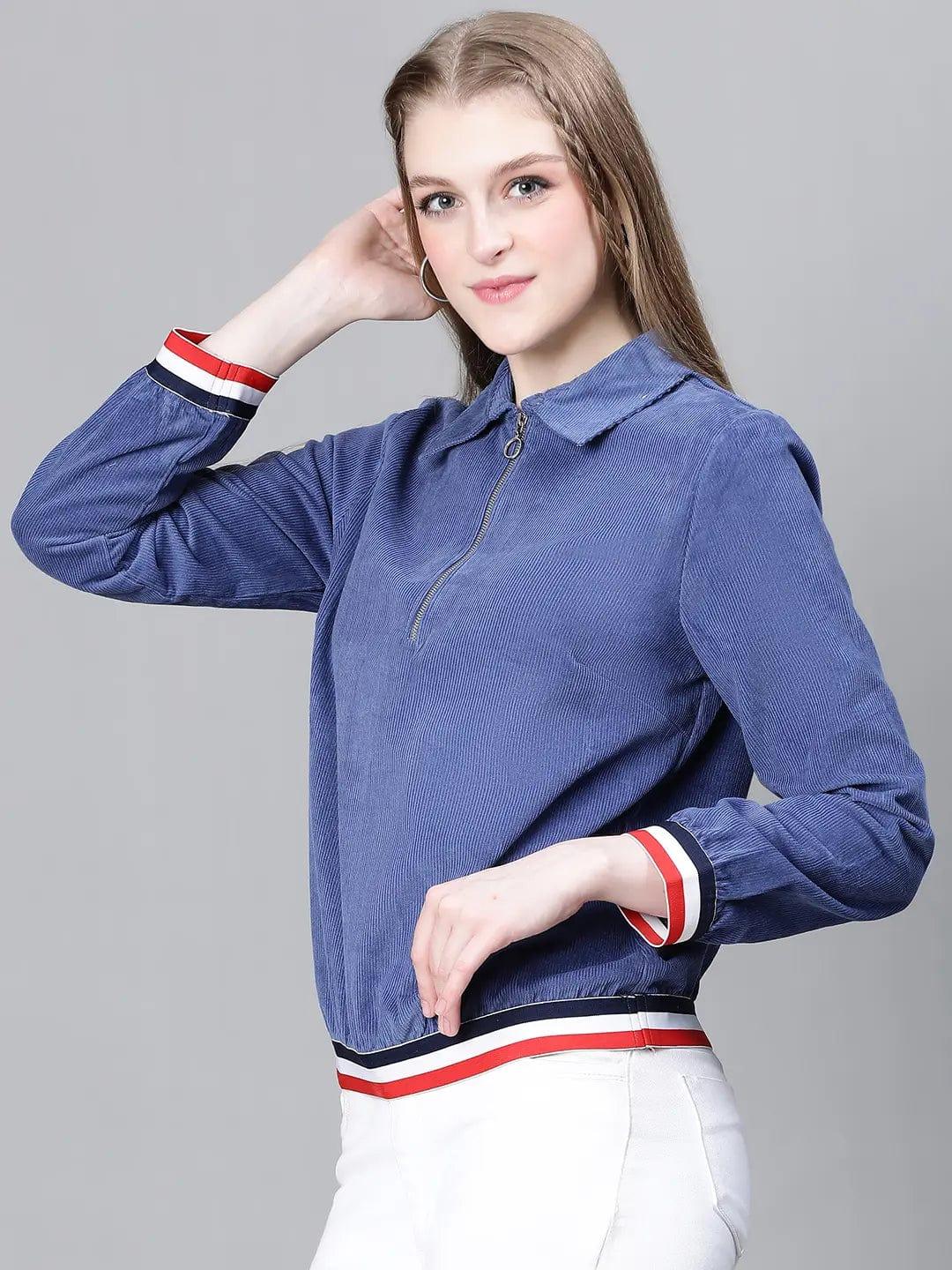 Women Blue Collared Zipped Long Sleeve Cotton Bomber Jacket - Image 3