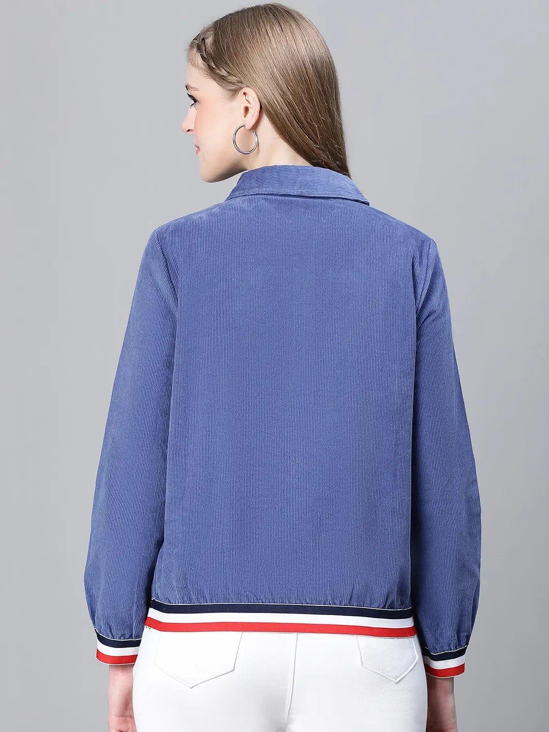 Women Blue Collared Zipped Long Sleeve Cotton Bomber Jacket - Image 5