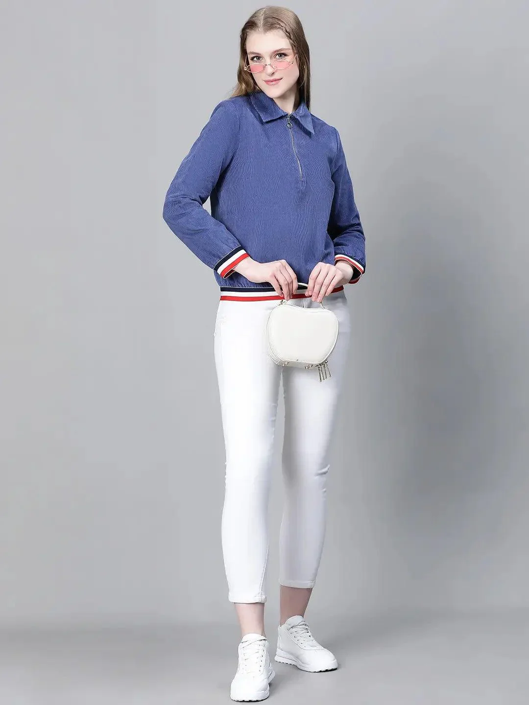 Women Blue Collared Zipped Long Sleeve Cotton Bomber Jacket - Image 8