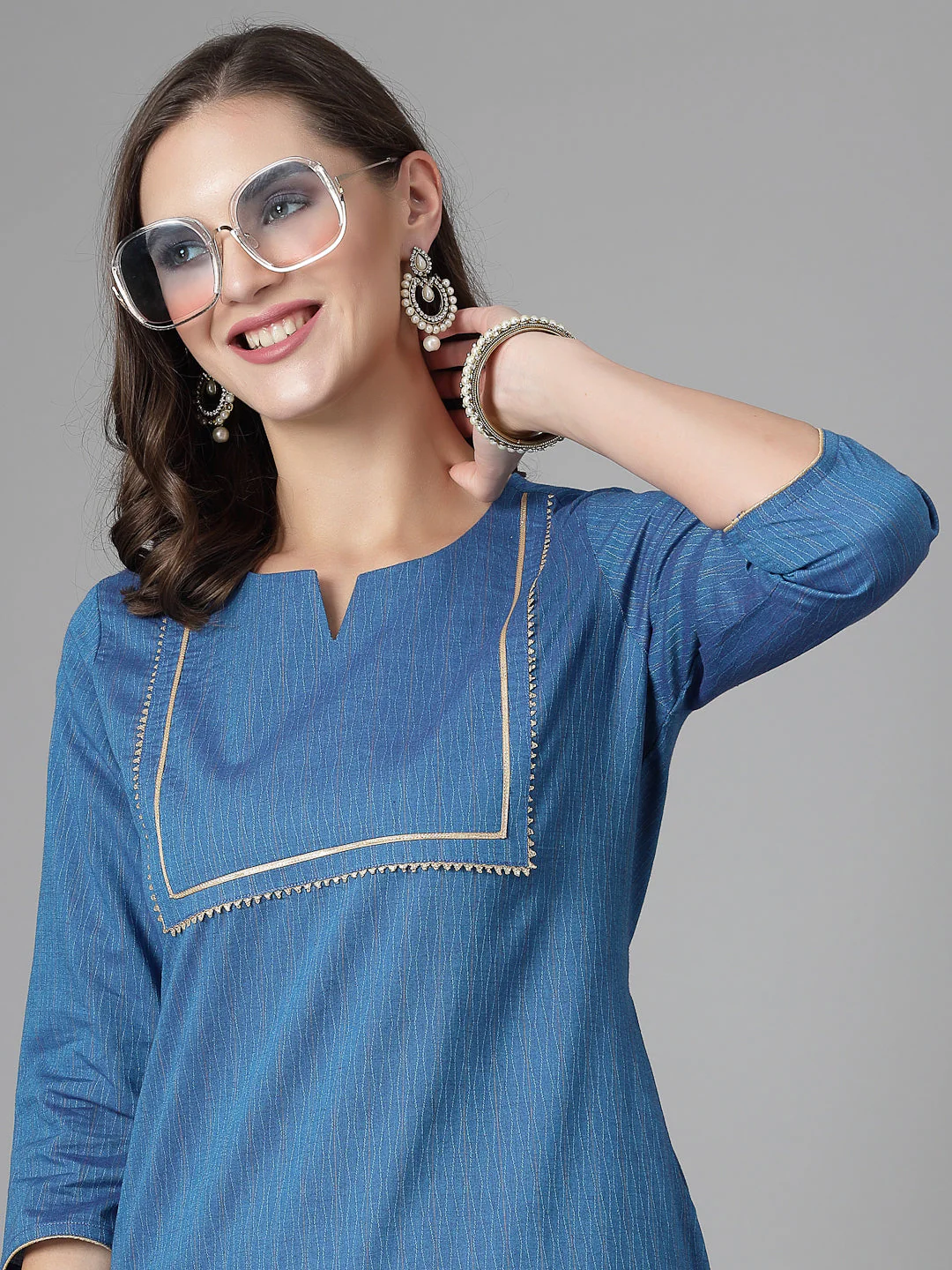 Women Blue Festive Kurta With Lace - Image 3