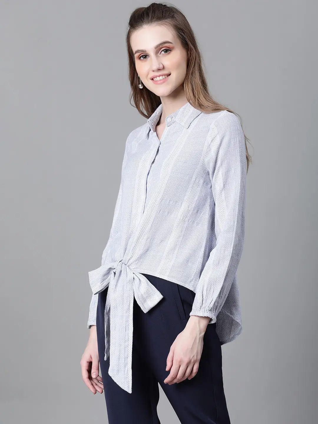 Women Blue Floral Print Tie-Up Collared Long Sleeve Cotton Shirt - Image 3