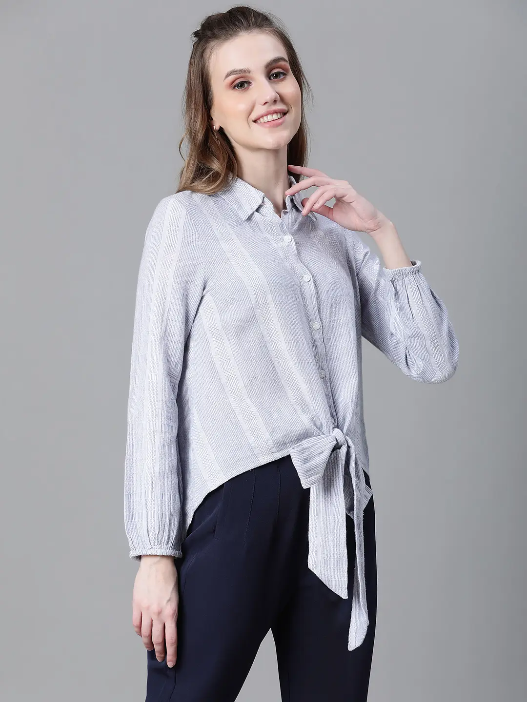 Women Blue Floral Print Tie-Up Collared Long Sleeve Cotton Shirt - Image 4
