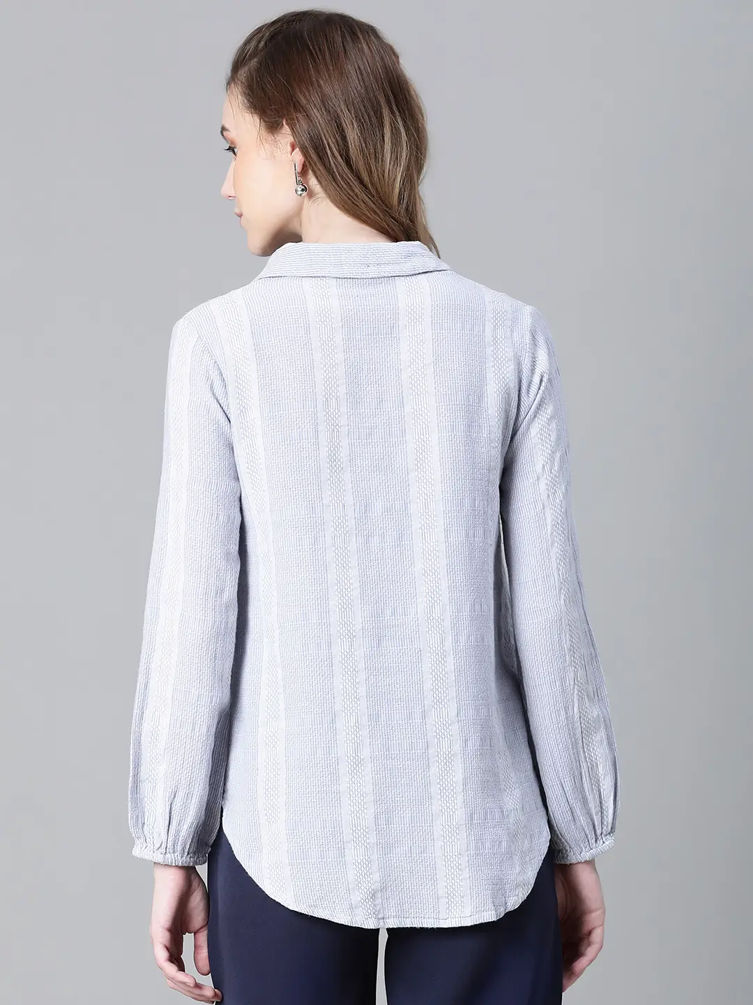 Women Blue Floral Print Tie-Up Collared Long Sleeve Cotton Shirt - Image 5
