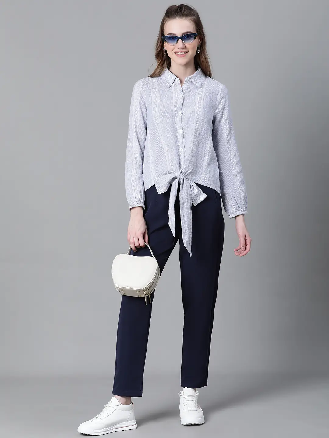 Women Blue Floral Print Tie-Up Collared Long Sleeve Cotton Shirt - Image 7