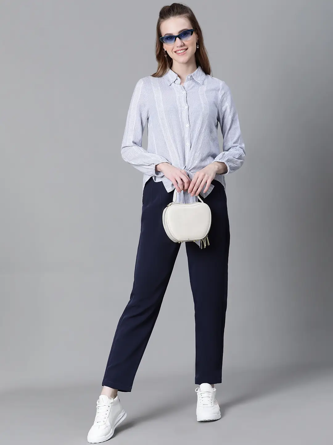 Women Blue Floral Print Tie-Up Collared Long Sleeve Cotton Shirt - Image 8