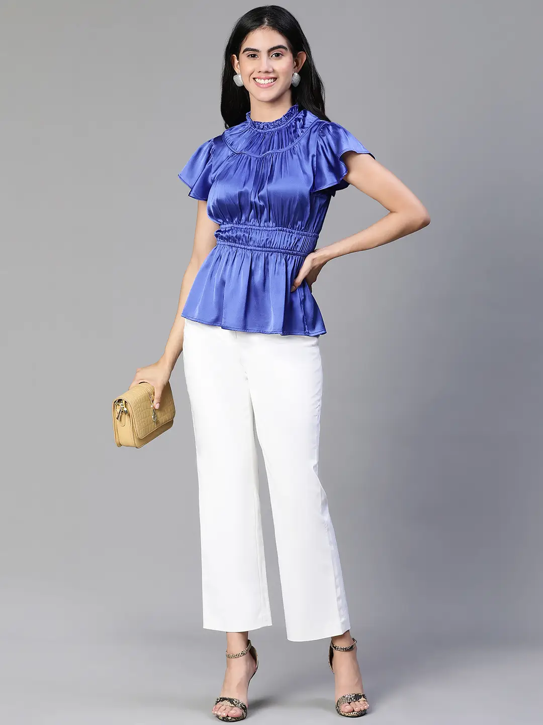 Women  Blue Round Neck Ruffle Elasticatedsatin Party Top - Image 7