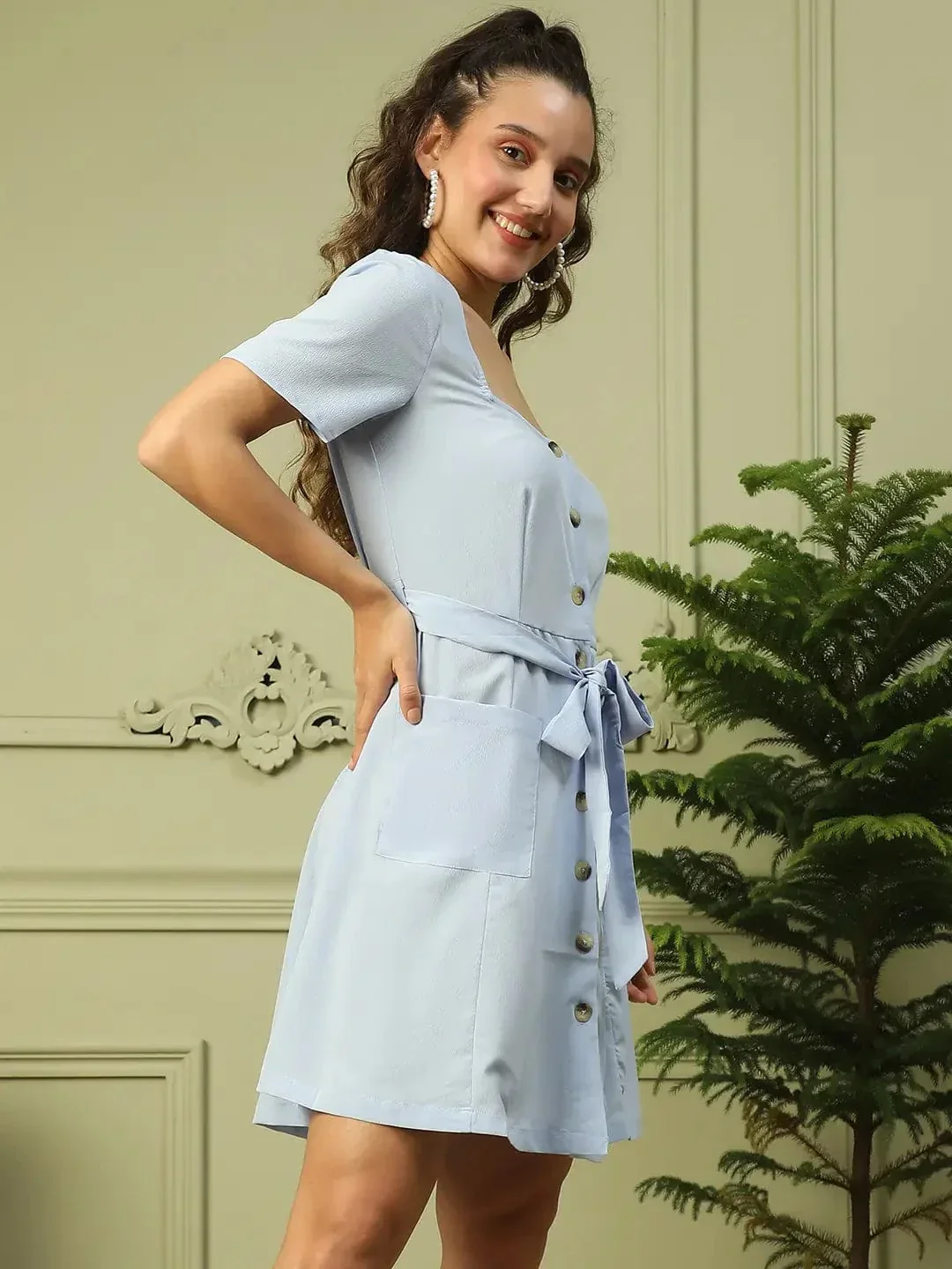 Women Blue Round Neck Short Sleeve Button Down Dress With Pocket Detail and Tie Knot Waist Belt - Image 4