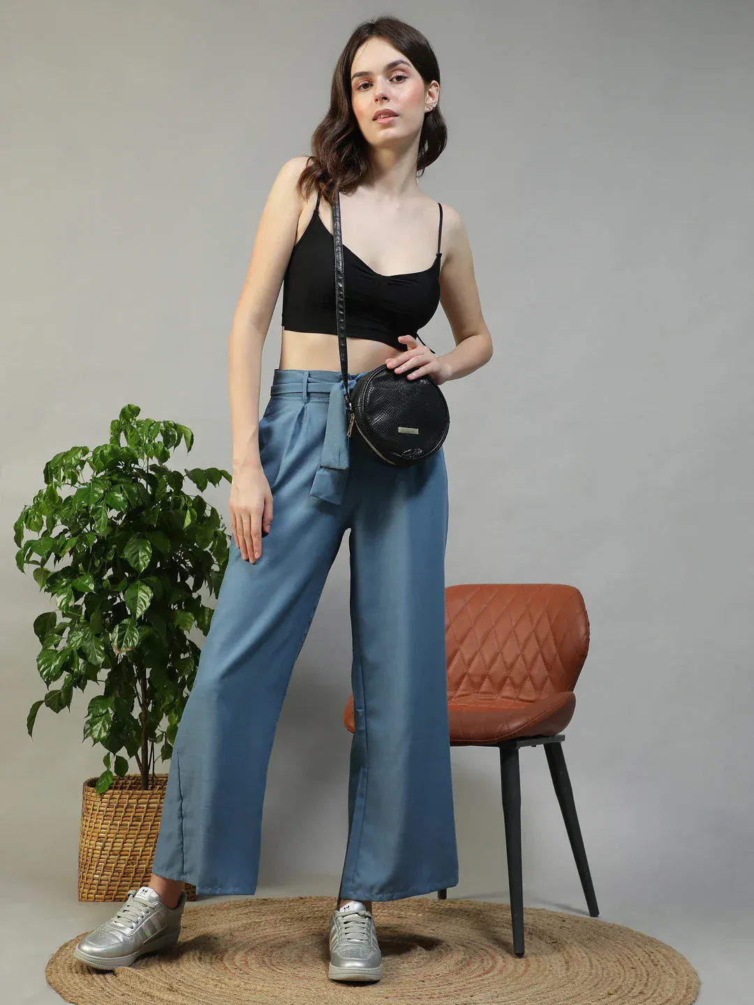Women Blue Straight Pants with Tie-Up Belt & Utility Pockets - Image 7