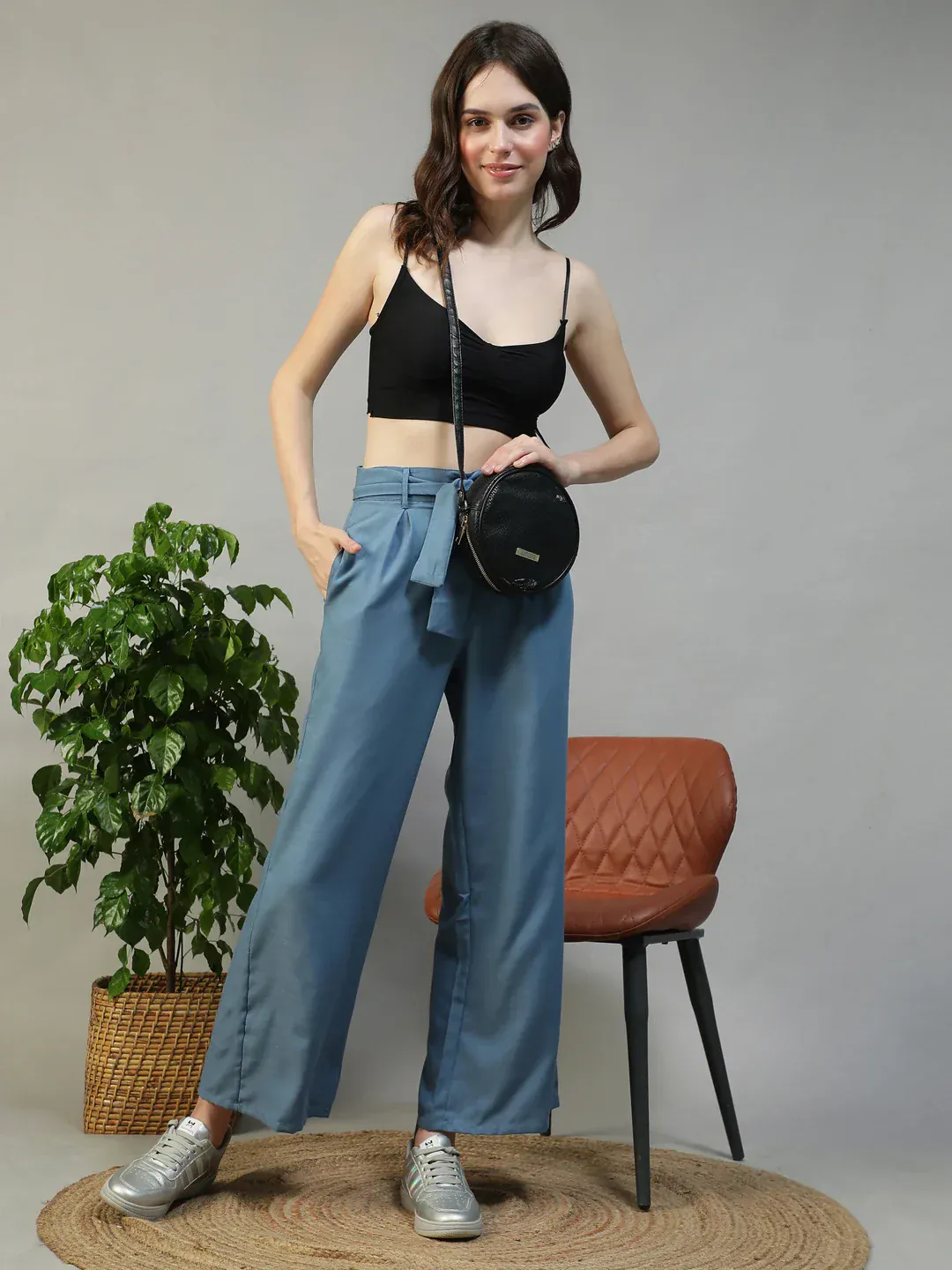 Women Blue Straight Pants with Tie-Up Belt & Utility Pockets - Image 8