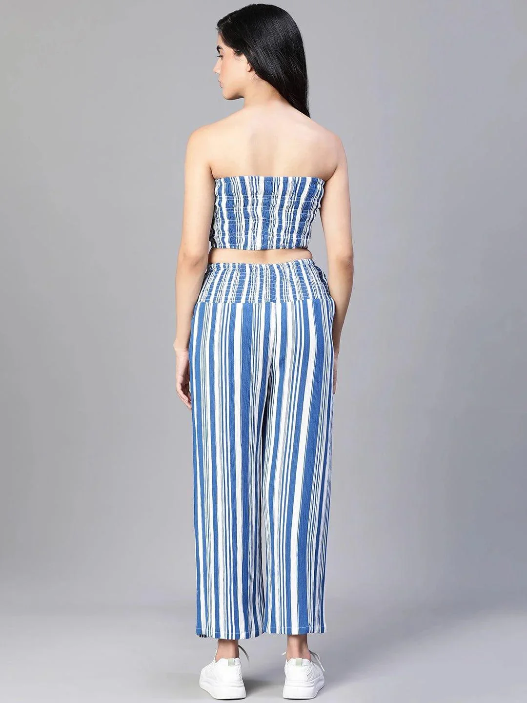 Women Blue Stripe Print Bustier Top and Pant Set - Image 5