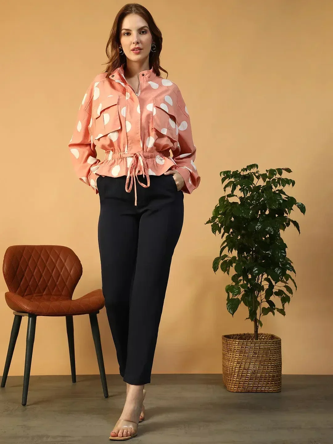 Women Bomber Jacket - Light Pink Polka Dot High Neck Long Sleeve Outerwear - Image 2