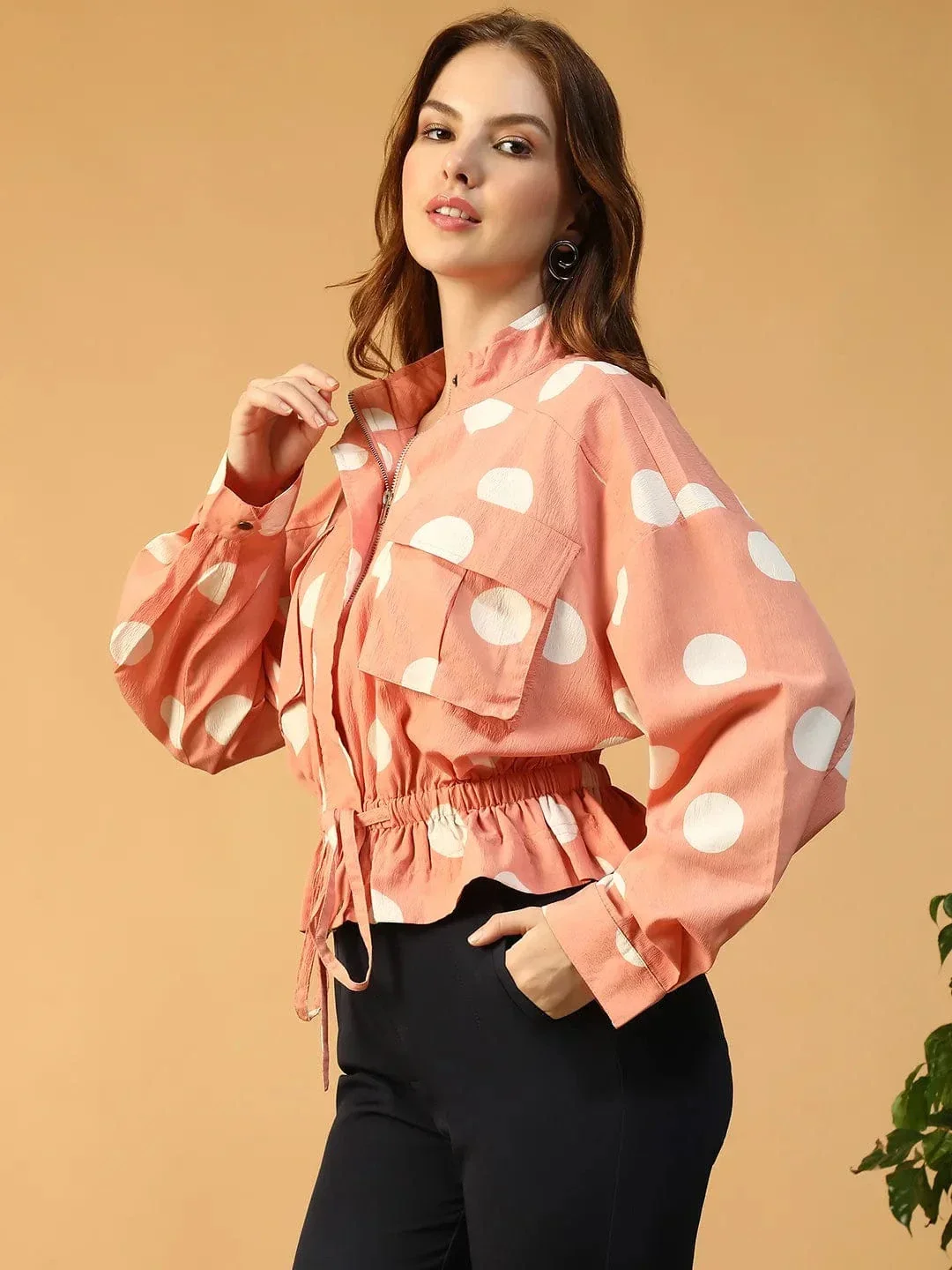 Women Bomber Jacket - Light Pink Polka Dot High Neck Long Sleeve Outerwear - Image 3