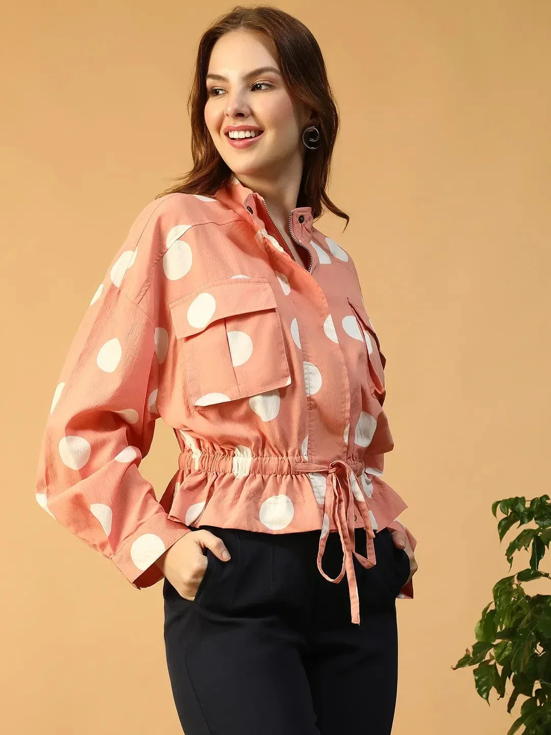 Women Bomber Jacket - Light Pink Polka Dot High Neck Long Sleeve Outerwear - Image 4